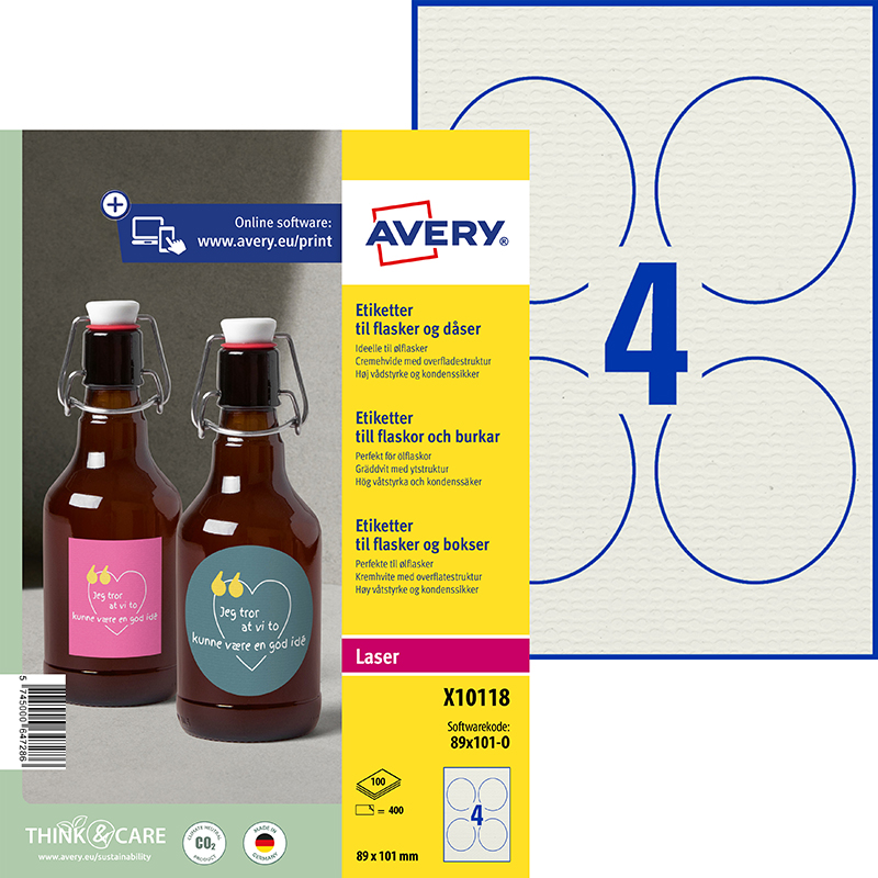Flaskeetiketter | Permanent | Cremehvid | papir | 89x101mm | Avery